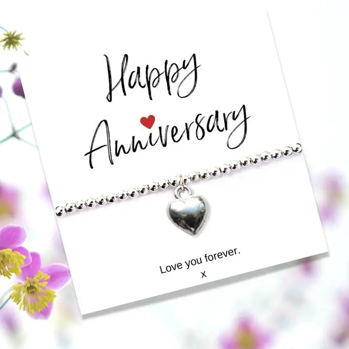 Anniversary Message Card with Silver Heart Beaded Bracelet