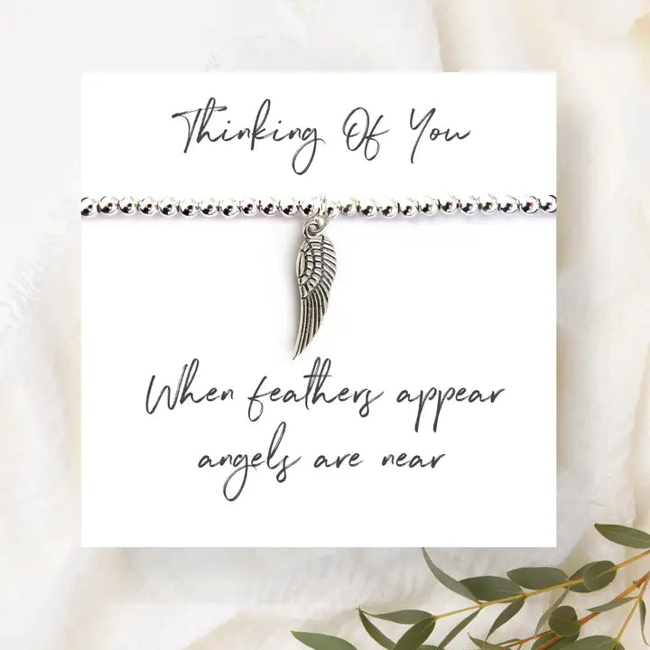 Angel Feather Silver Beaded Bracelet On Message Card